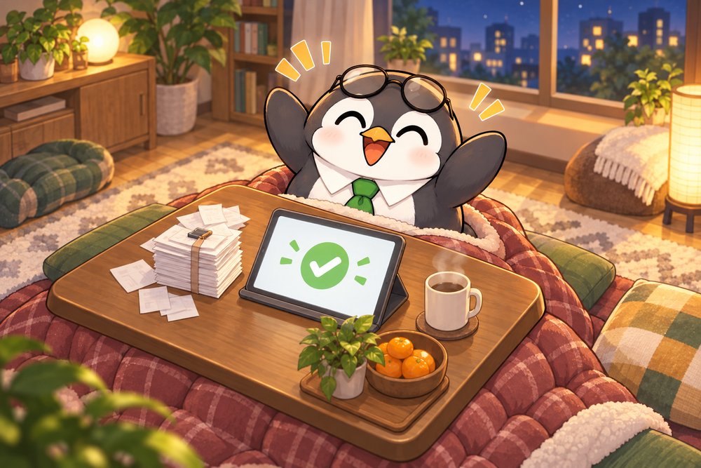 こたつでタブレットから申告を終えてバンザイするナビ助