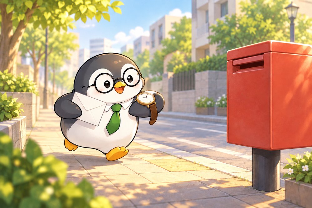 ポストへ封筒を持って小走りするペンギンのナビ助