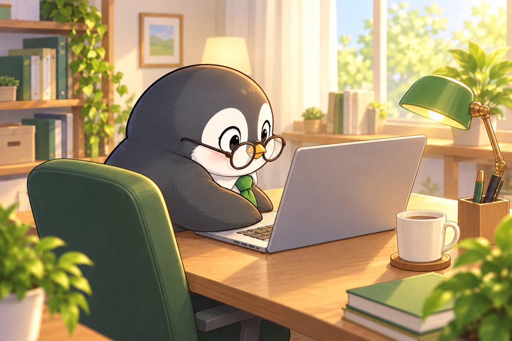 パソコンでていねいに手続きするペンギンのナビ助