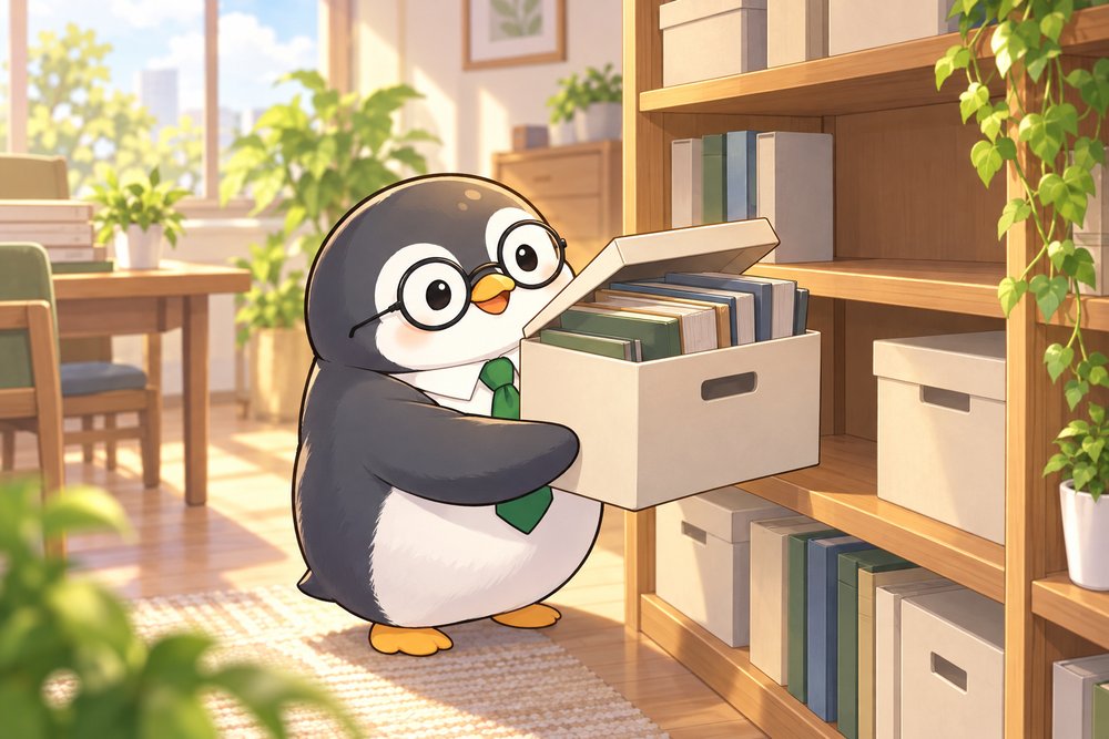 帳簿を保管箱に入れて棚にしまうペンギンのナビ助