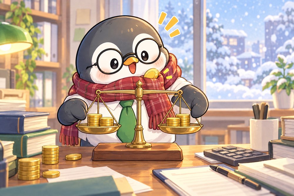 雪の年末に天秤をつり合わせて調整するペンギンのナビ助