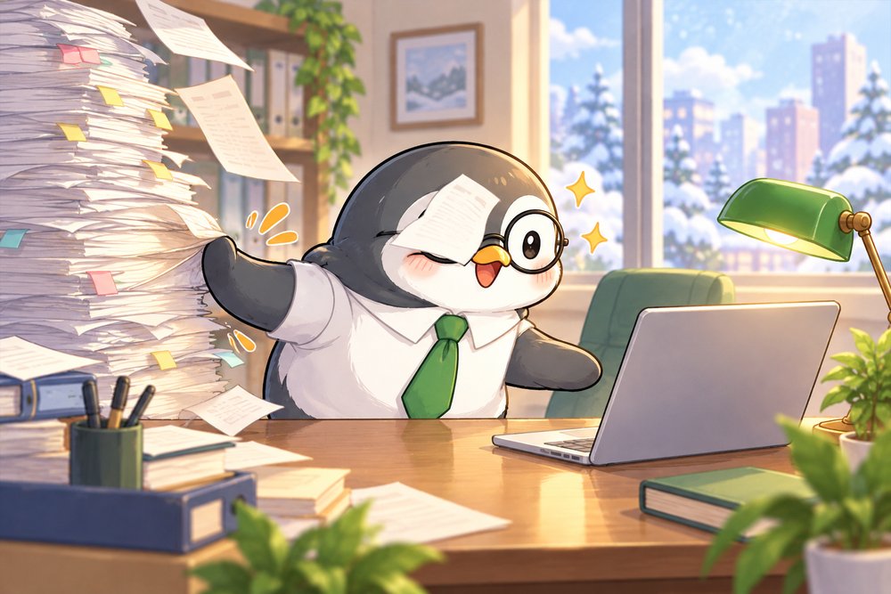 書類の山を押しやってパソコンを選ぶペンギンのナビ助