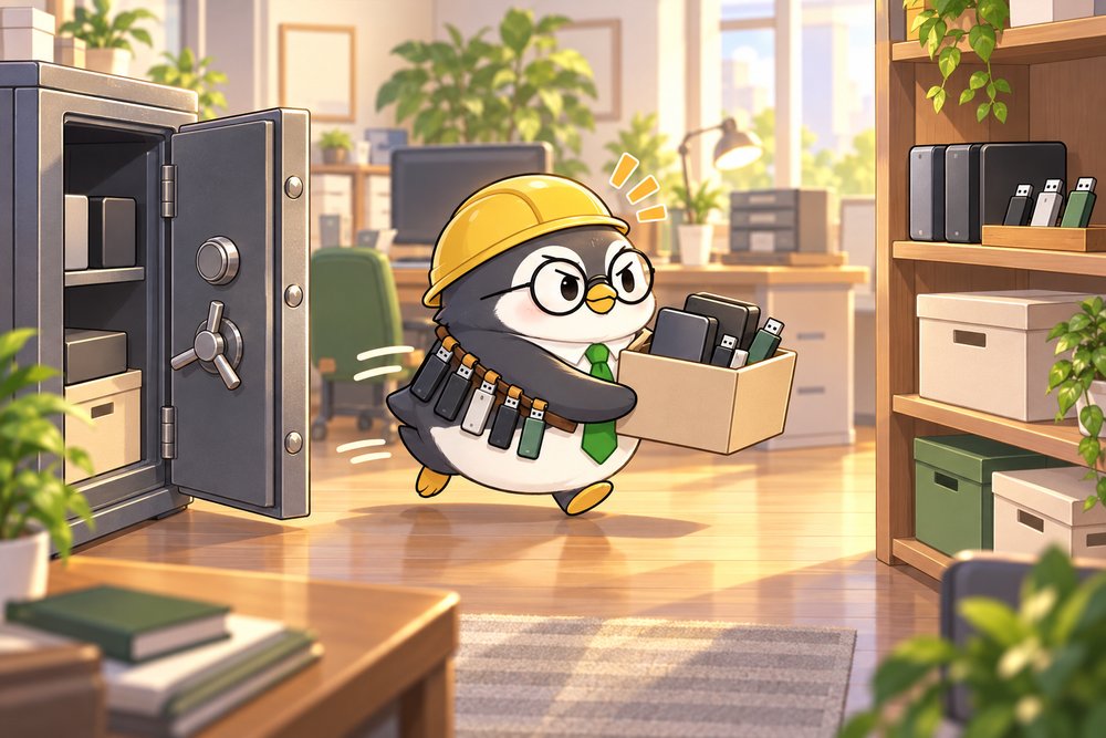 データを金庫と棚の2か所に分けてしまうペンギンのナビ助