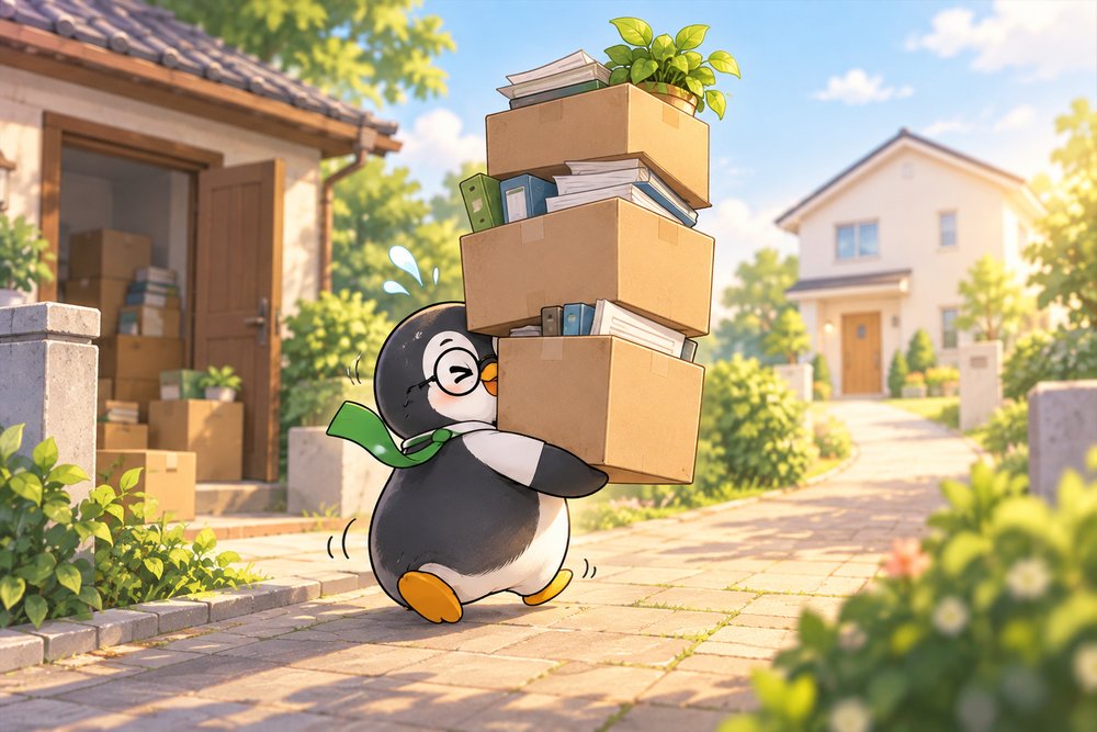 帳簿の段ボールを抱えて新しい家へ運ぶペンギンのナビ助
