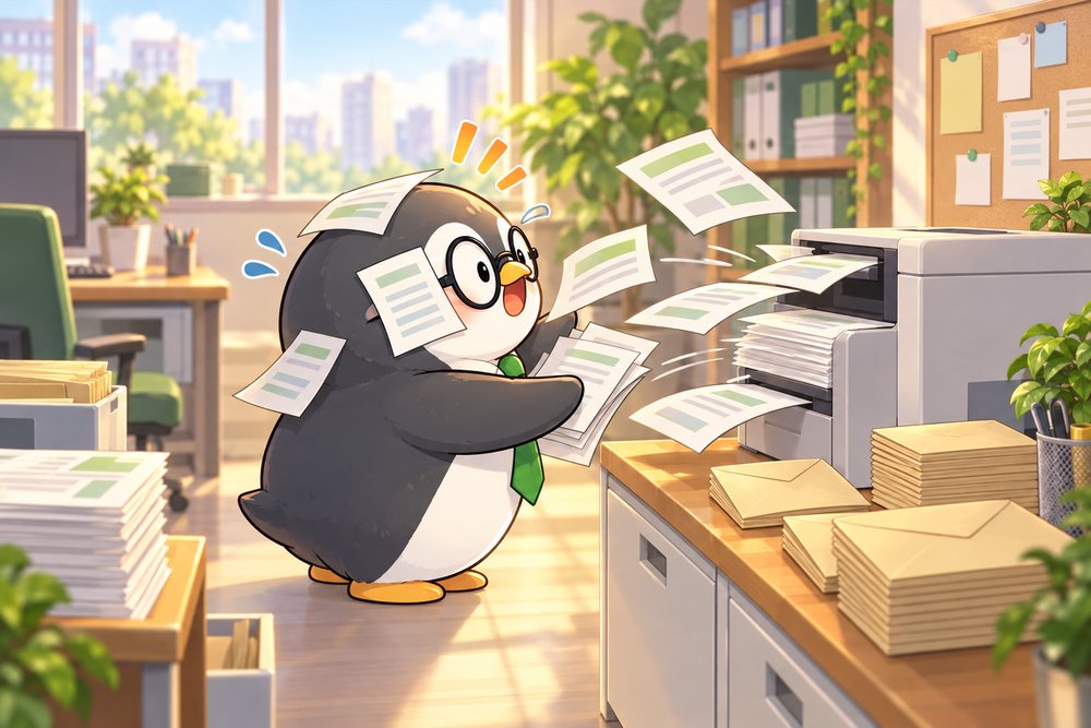 プリンターから出てくる給与明細を受け止めるペンギンのナビ助