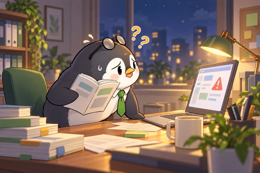 マニュアル片手に設定のつまずきを調べるペンギンのナビ助