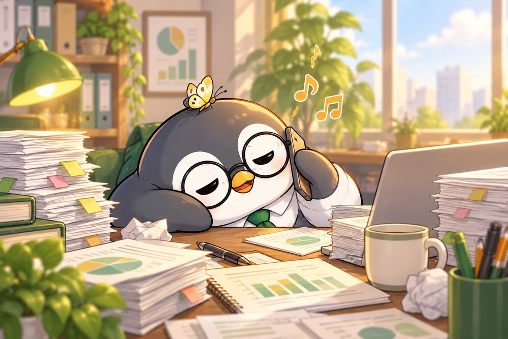 電話の保留音を聞きながら待ちくたびれるペンギンのナビ助