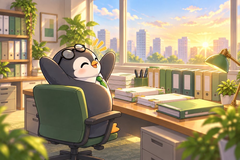 書類を整理し終えて朝日に伸びをするペンギンのナビ助