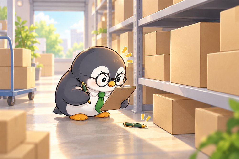 倉庫でクリップボードを見て棚卸するペンギンのナビ助