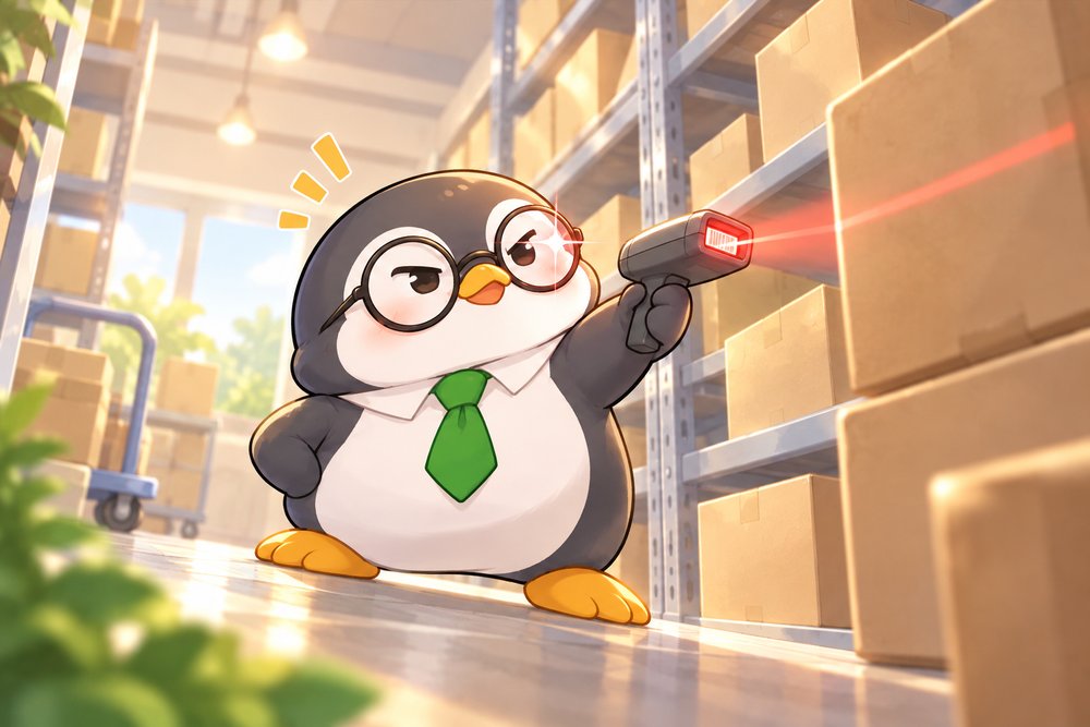 スキャナーを構えて得意げなペンギンのナビ助
