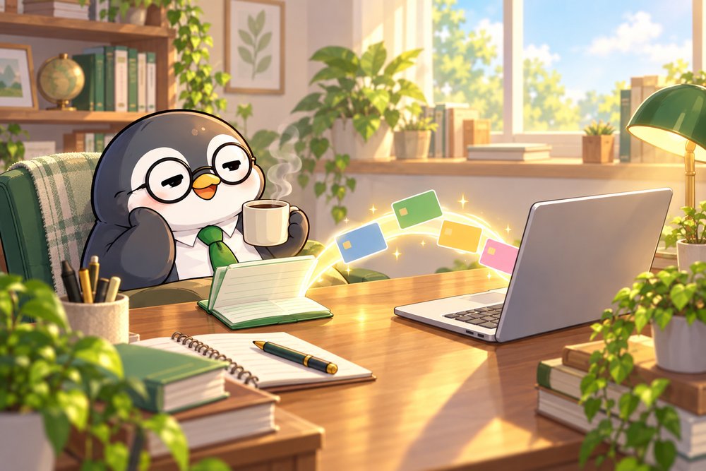 通帳からPCへ自動で取りこまれる様子にくつろぐペンギンのナビ助