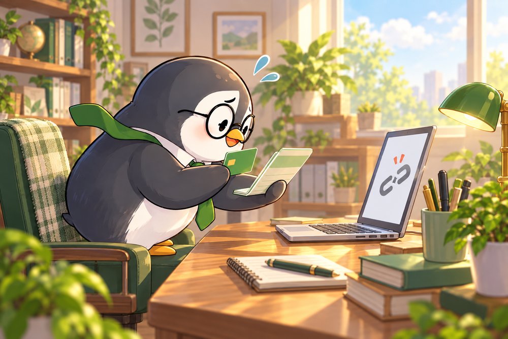連携が切れた原因をカードと通帳で調べるペンギンのナビ助