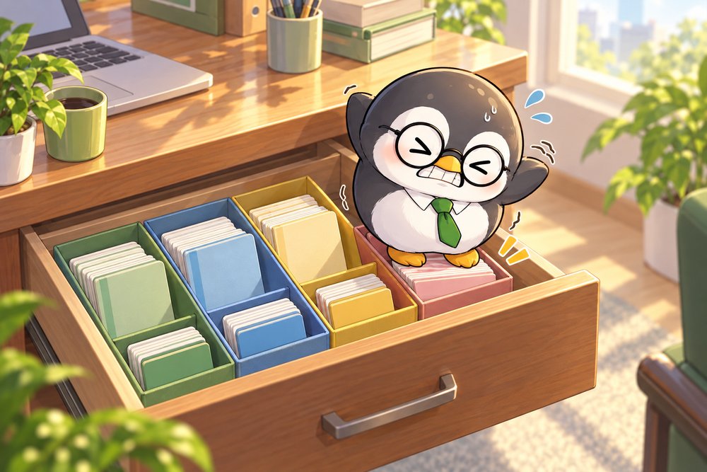 引き出しの仕切りに通帳を押しこむペンギンのナビ助
