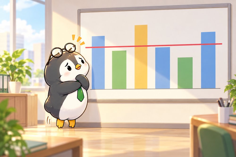 売上のグラフと基準ラインを見て考えるペンギンのナビ助