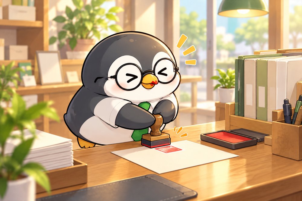 請求書にていねいにスタンプを押すペンギンのナビ助