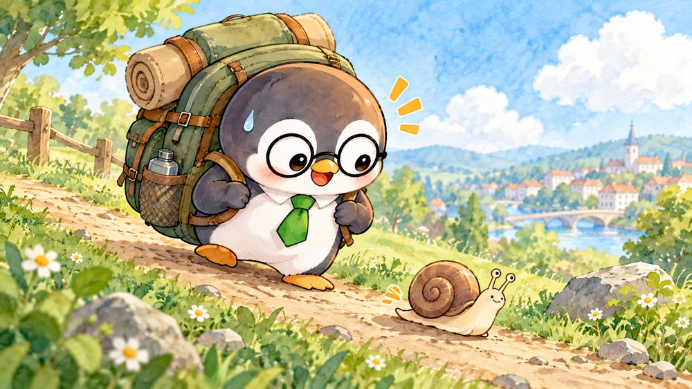 重いリュックを背負って坂道を登りカタツムリに抜かれるペンギン