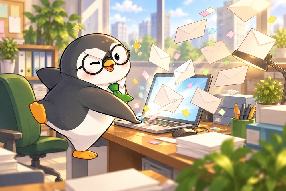 給与計算のキーを押して決めポーズのペンギンのナビ助