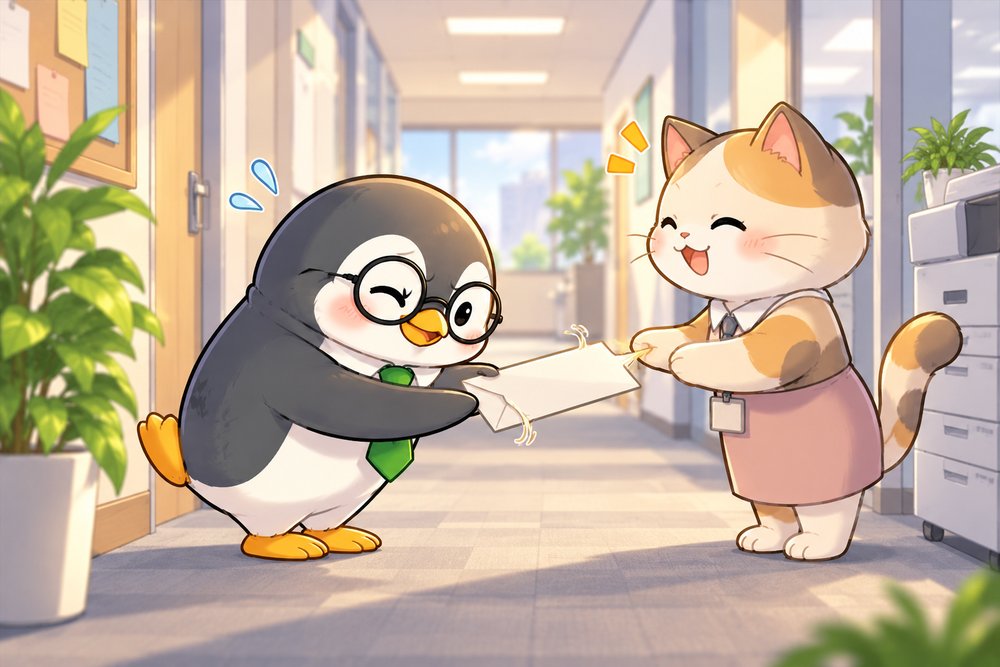 同僚のネコに給与明細を手渡すペンギンのナビ助