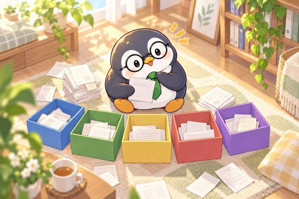 5色の箱にレシートを仕分けるペンギンのナビ助