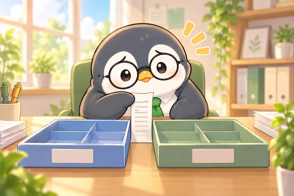 2つのトレーのどちらに入れるか迷うペンギンのナビ助