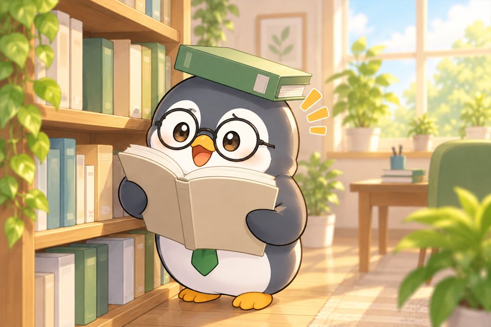 頭にファイルが乗ったまま参考書で調べるペンギンのナビ助