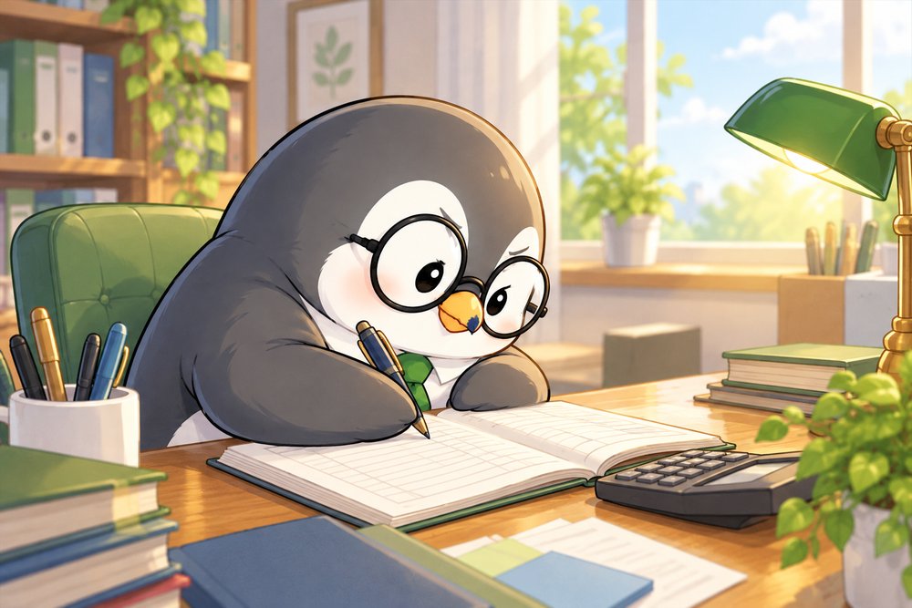 帳簿にていねいに記帳するペンギンのナビ助