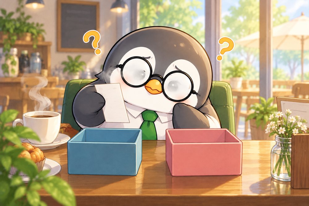 レシートをどちらの箱に入れるか迷うペンギンのナビ助