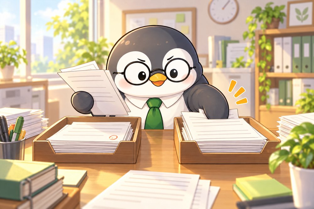 請求書を2つのトレーに仕分けるペンギンのナビ助