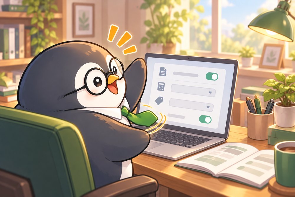 会計ソフトのインボイス設定ができて喜ぶペンギンのナビ助