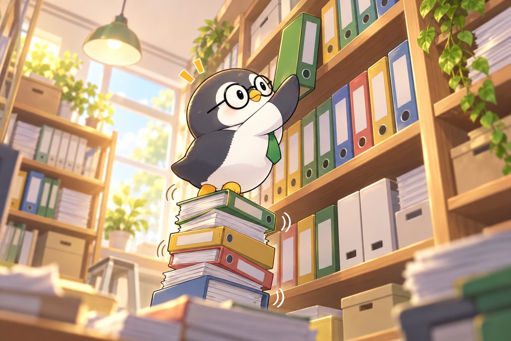 インボイスのファイルを棚に保存するペンギンのナビ助