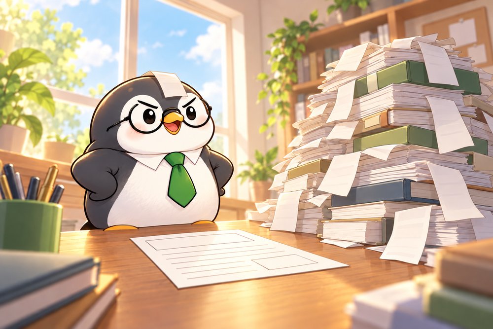 領収書の山を前にやる気をみなぎらせるペンギンのナビ助