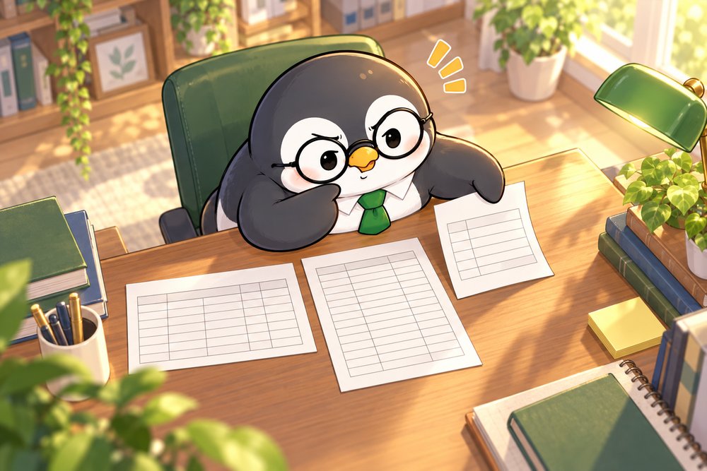 3種類の決算書を見くらべて考え込むペンギンのナビ助