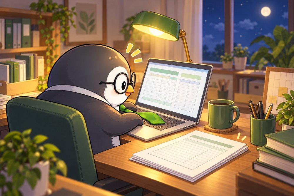 夜の書斎で会計ソフトに向かうペンギンのナビ助