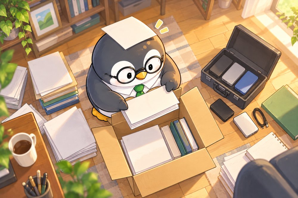 書類をていねいに箱にしまうペンギンのナビ助