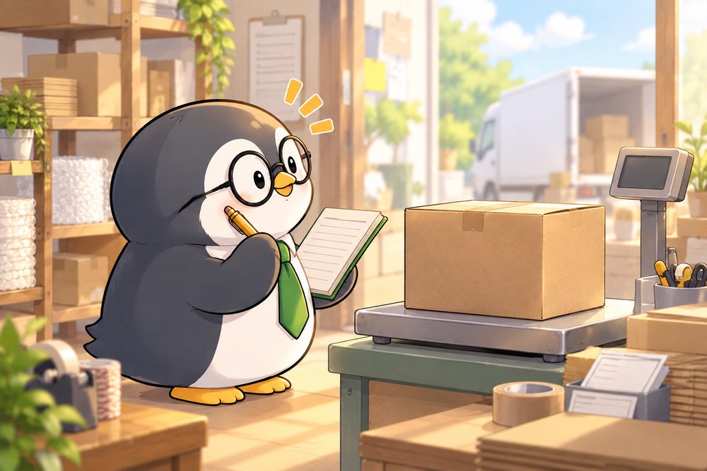 出荷した箱の横で帳簿を手に考えるペンギンのナビ助
