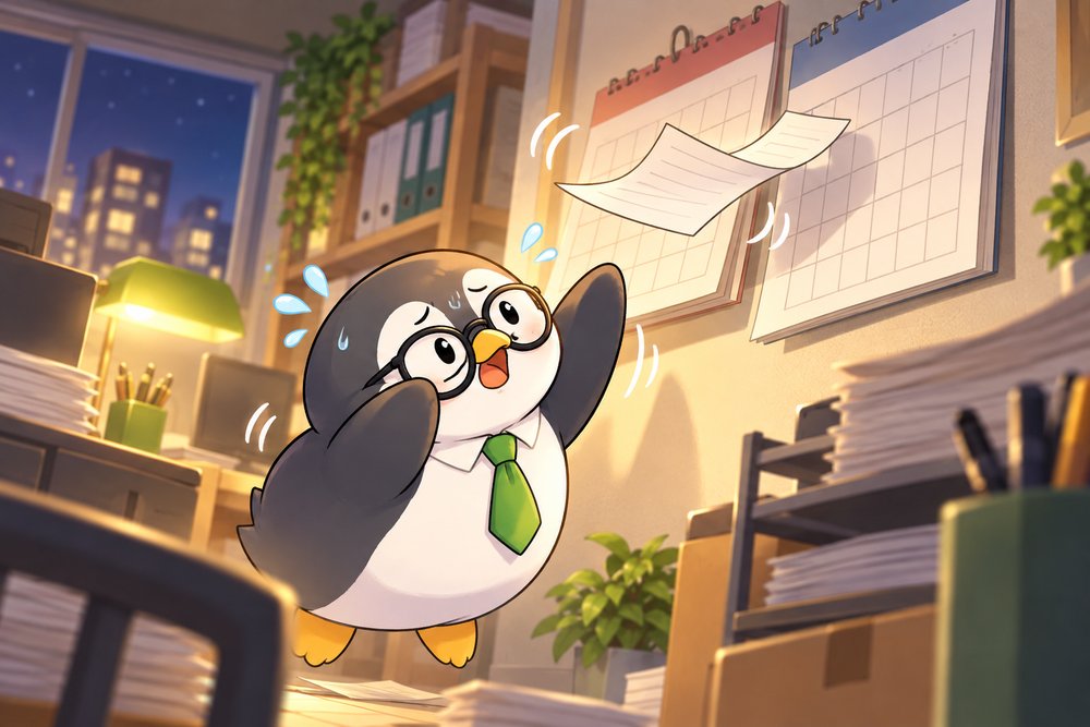 年末のカレンダーの間で請求書をつかみそこねるペンギンのナビ助