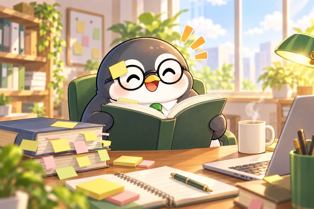付箋だらけの参考書を開いてひらめくペンギンのナビ助