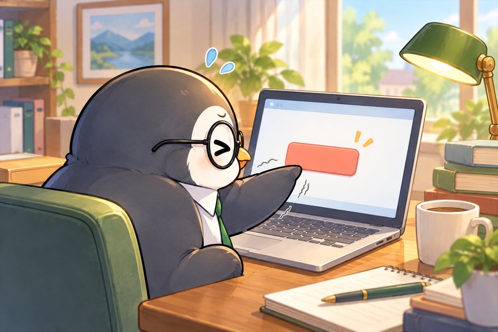 パソコンの解約ボタンをこわごわ押そうとするペンギンのナビ助