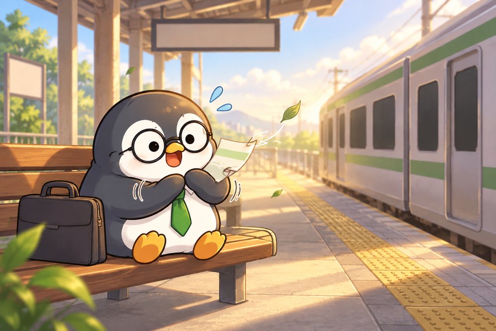 駅のホームで切符が風で飛びそうになるペンギンのナビ助