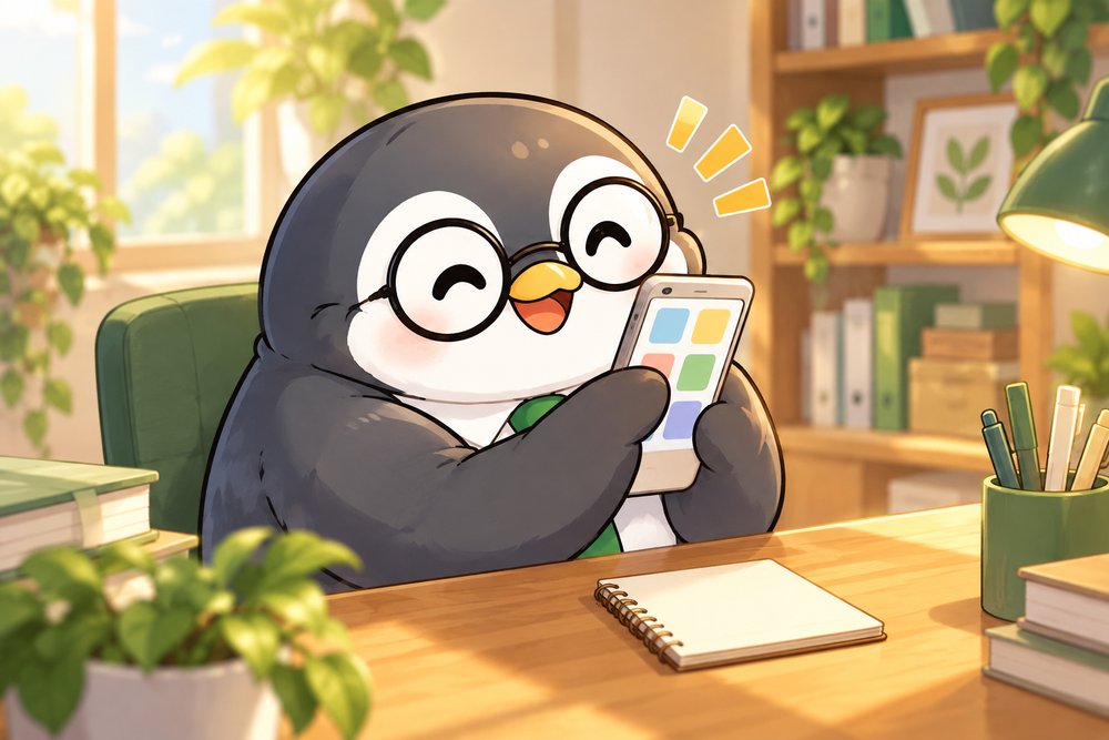 スマホで経費を記録してにっこりするペンギンのナビ助