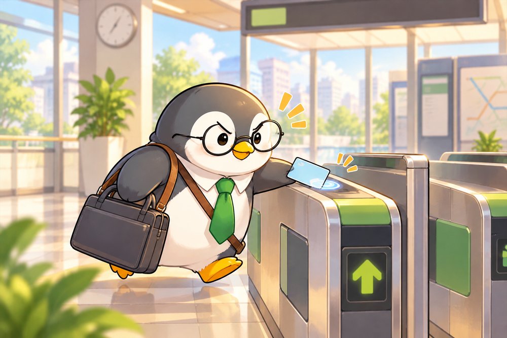 朝の駅の改札をICカードで通るナビ助