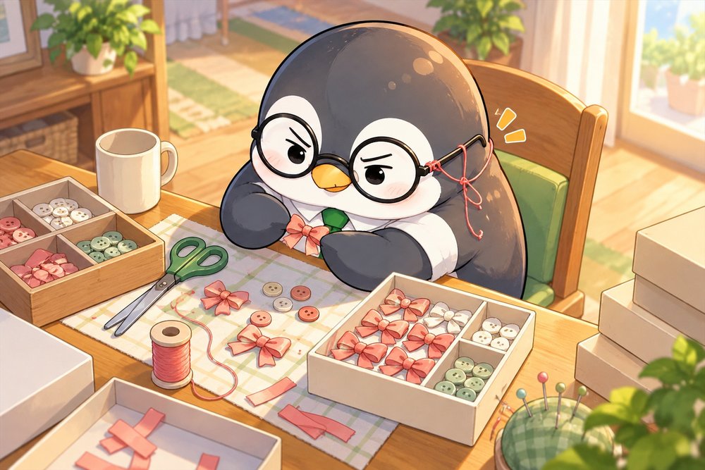 内職の部品を組み立てるペンギンのナビ助