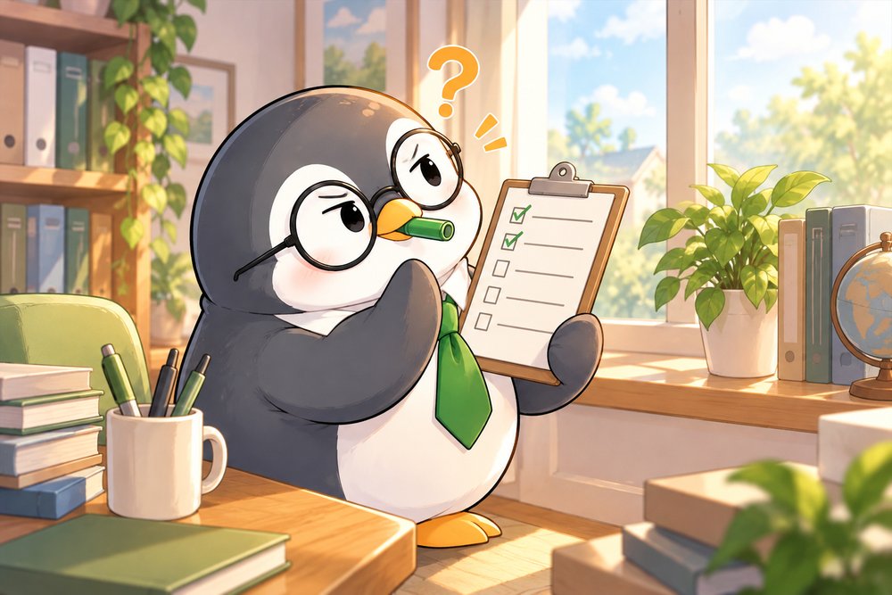 チェックリストで条件を確かめるペンギンのナビ助