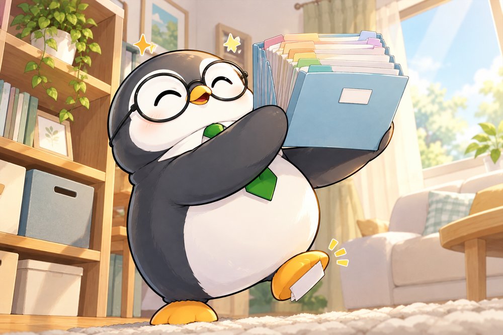 領収書をファイルに仕分けしたペンギンのナビ助