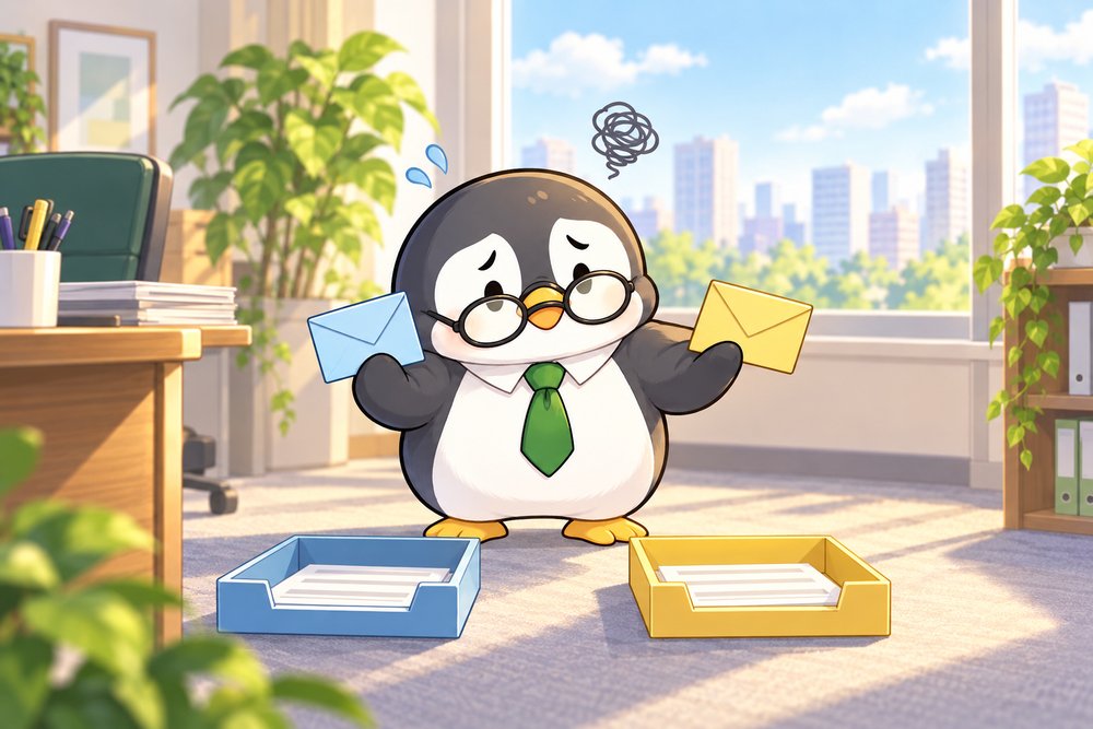2色の封筒をどちらのトレーに入れるか迷うペンギンのナビ助