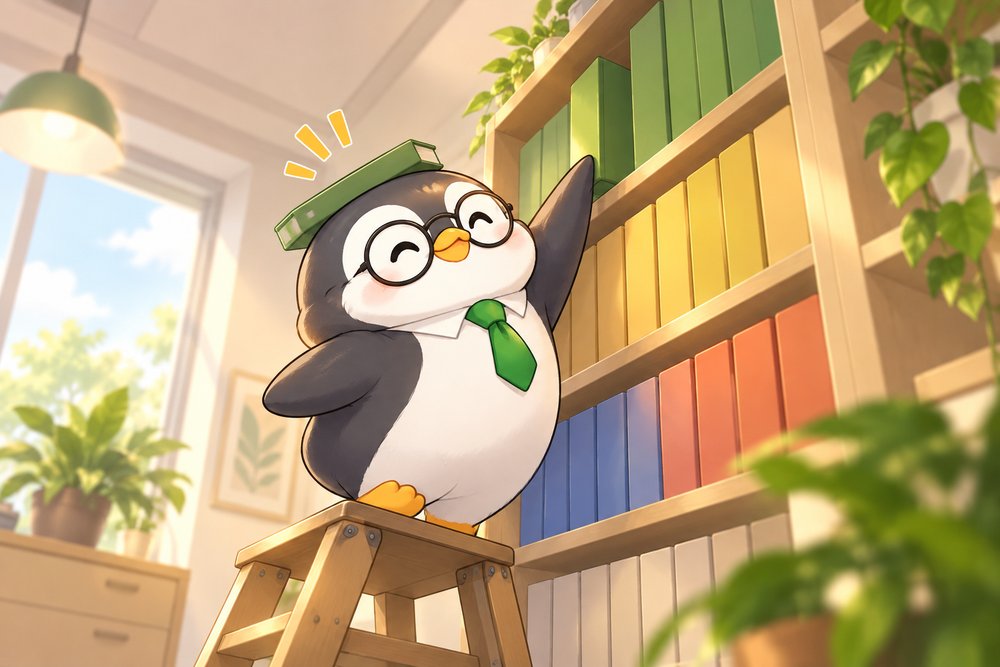書類棚にファイルを整理し終えたペンギンのナビ助