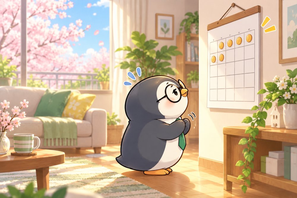 桜の季節にカレンダーを見上げて還付金を待つペンギンのナビ助