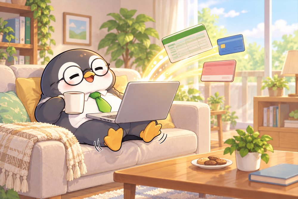 自動で記帳されるのをソファで眺めるペンギンのナビ助