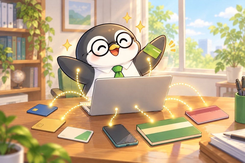 銀行やカードがパソコンにぜんぶつながってドヤ顔のペンギンのナビ助