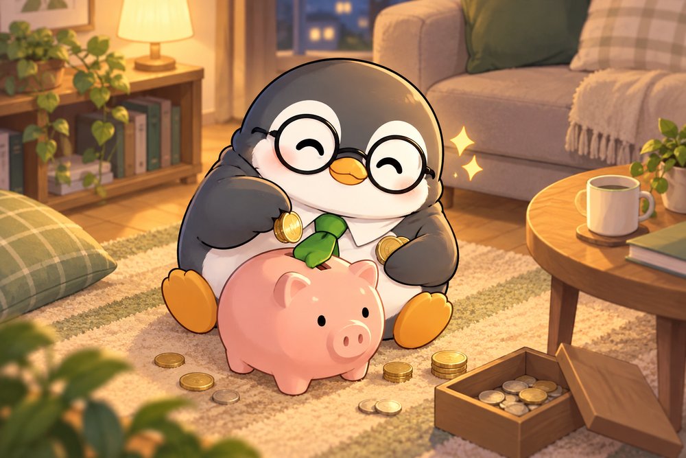 節約したコインをブタの貯金箱に入れるペンギンのナビ助